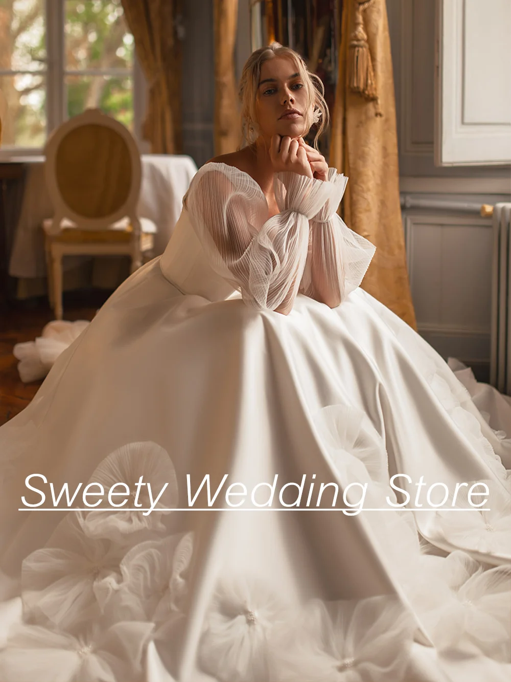 Charming Satin Wedding Dress Puff Sleeves V Neck Pleat Pearls Flowers Sweep Train Zipper Buttons Vestido De Noiva Bridal Gown