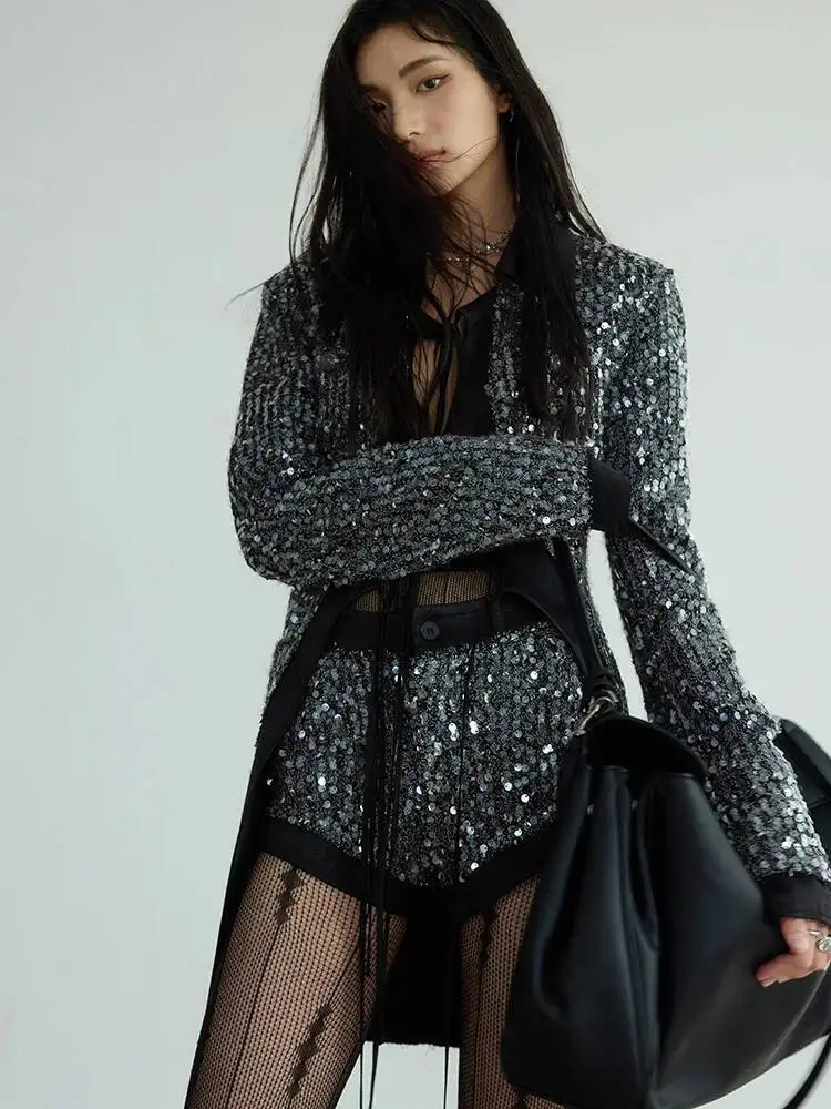 

High Quality Blazer Sequ Wide Shining Leg Shorts Two Piece Suit New Lapel Long Sleeve Women Fashion Spring Autumn 2026 D7M8