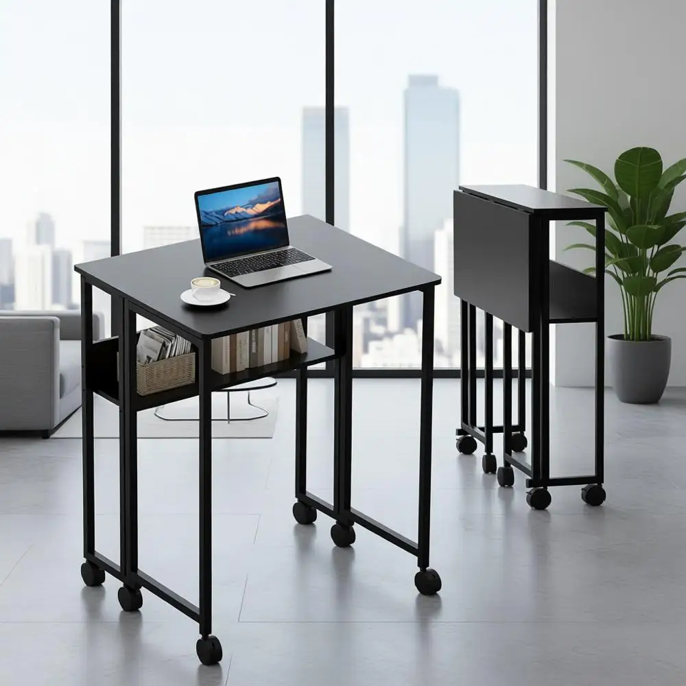 Kompakter Rollschreibtisch mit Ablage, 24,8 Zoll klappbarer Computertisch für kleine Räume, platzsparender Arbeitstisch mit Rollen für H