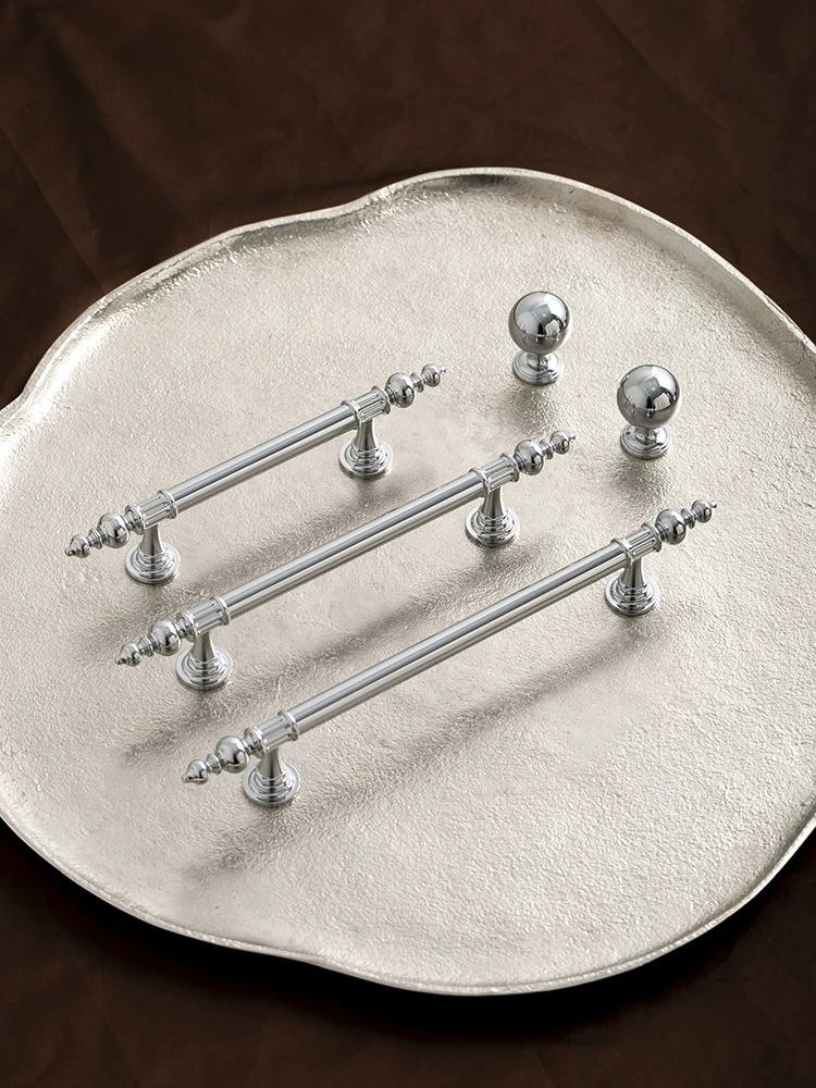 Furniture Hardware Shiny Silver Solid Brass Wardrobe Door Handles Ball Handle Cabinet Kitchen Drawer T-Shaped Long Handles Knobs
