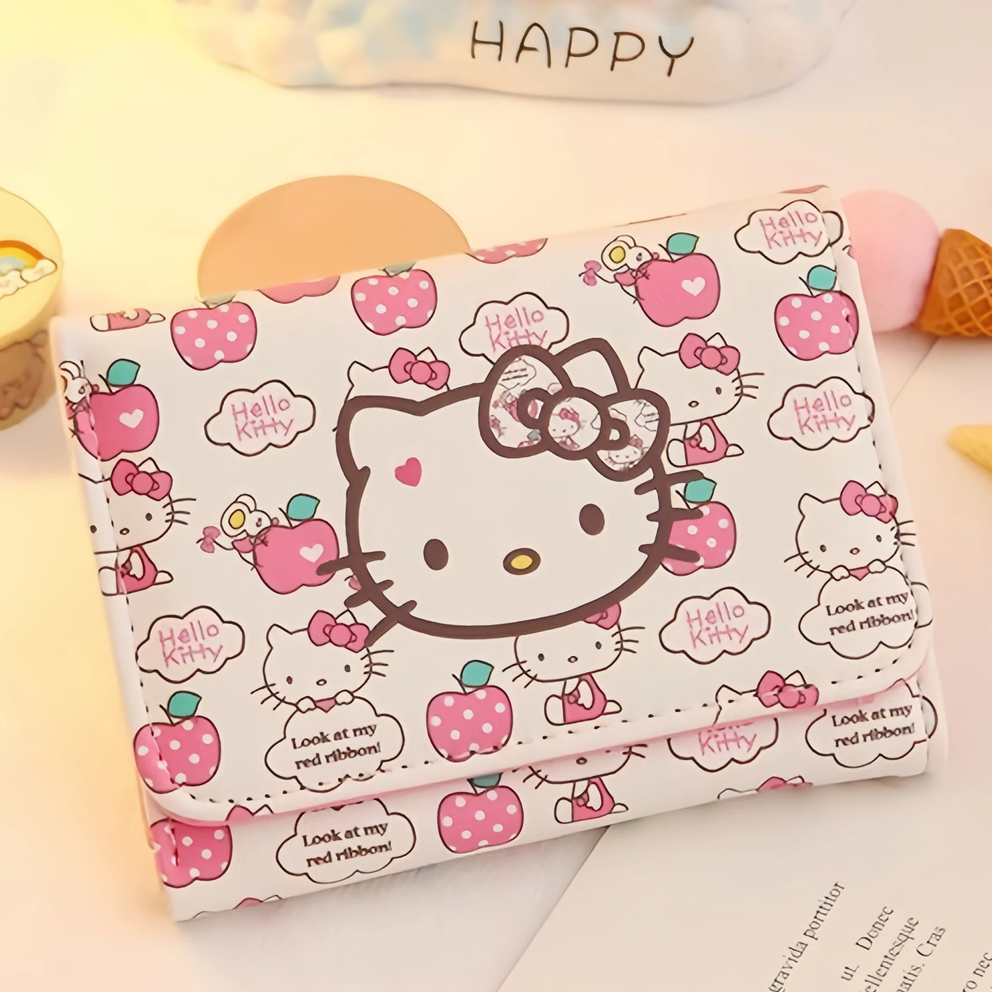 

Kawaii hello kitty wallet women's short cute small folding cartoon PU animation travel card bag children's birthday gift
