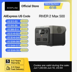ECOFLOW Portable Power Station RIVER 2 Max, 499Wh/512Wh LiFePO4 Battery/ 1 Hour Fast Charging, Up To 1000W Output