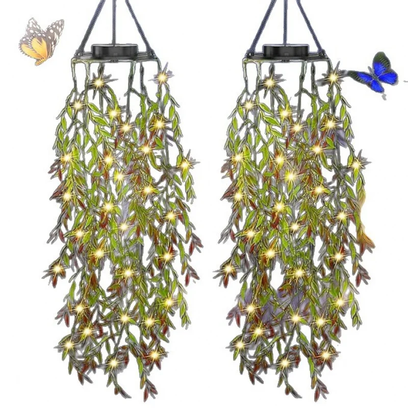 Outdoor Solar Artificial Willow Leaf Light hanging plants LED Lighting chain Light Control Automatic Brightening Waterproof Gard