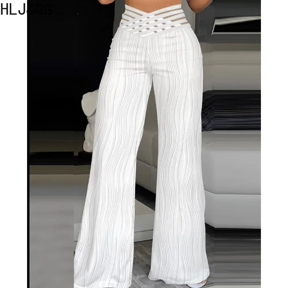 HLJ&GG Autumn Casual Solid Color Wide Leg Pants Women High Waisted Hollow Straight Trousers Elegant Lady OL Matching Bottoms New