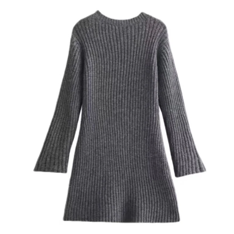 YENKYE Seksowna damska sukienka mini z długim rękawem, okrągłym dekoltem, gładka, jesienno-zimowa, swetrowa