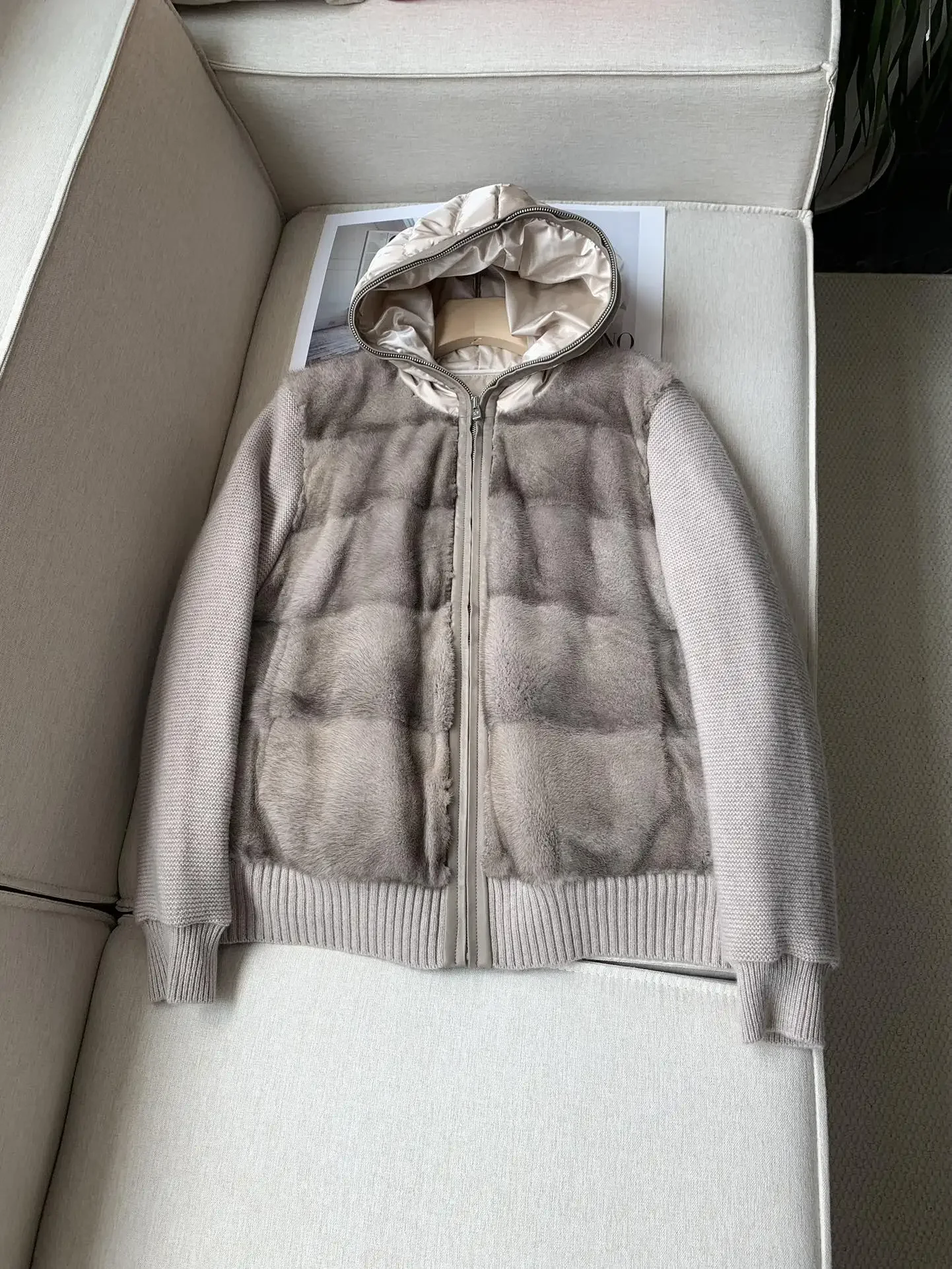 Women's Velvet Mink Fur Hooded Down Jacket Winter Knitted Stitching Long Sleeve Casual Ladies Coat