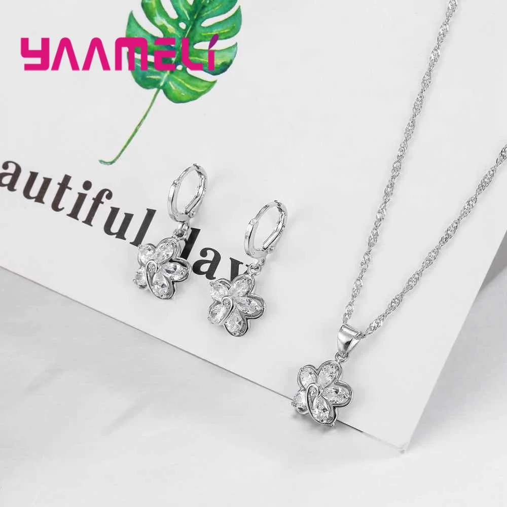 Free Shipping Trendy Bridal Wedding 925 Sterling Silver Jewelry Sets For Women Statement Necklaces Earrings Set Lady