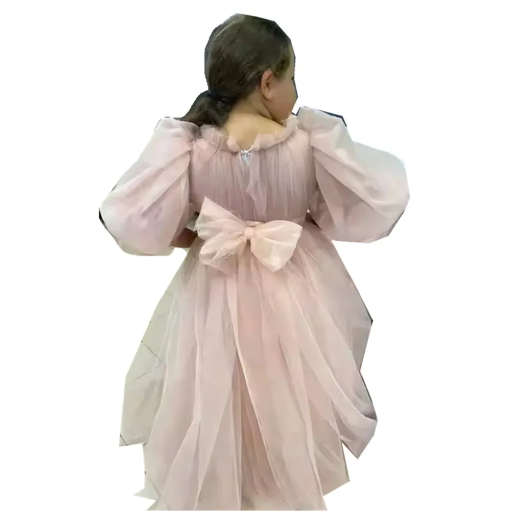 Vestido de novia de niña de flores de malla de manga corta con lazo hinchado princesa fiesta de cumpleaños vestido de celebración vestido de primera comunión personalizado