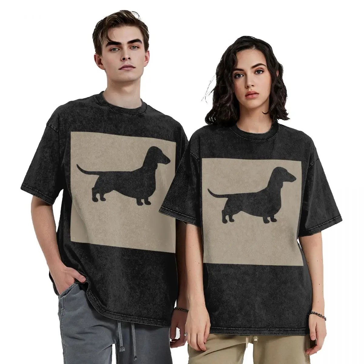Dachshund Dog Silhouette(s) Smooth Coated Wiener Dog Hip Hop Short Sleeve T-Shirts Washed Tops Tees Streetwear T Shirt Casual