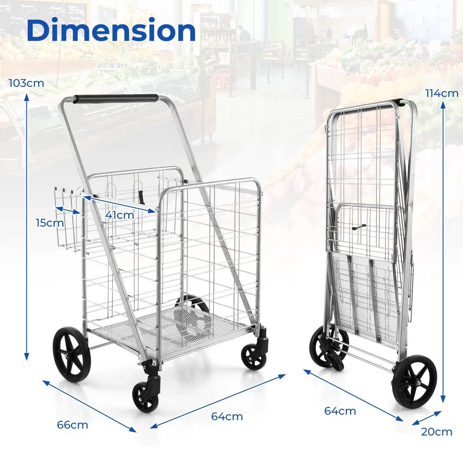 ERGOMASTER Folding Shopping Cart Portable Utility Grocery Cart 126L Capacity 150kg Load