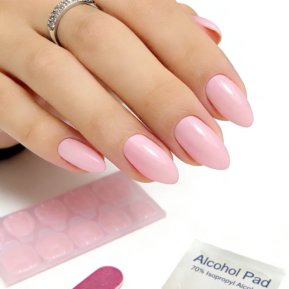 Macaron Pink Short Stiletto Press On Nails 24PCS Glossy Full Cover False Nails With Nail File Glue Tabs For Women Daily Wear