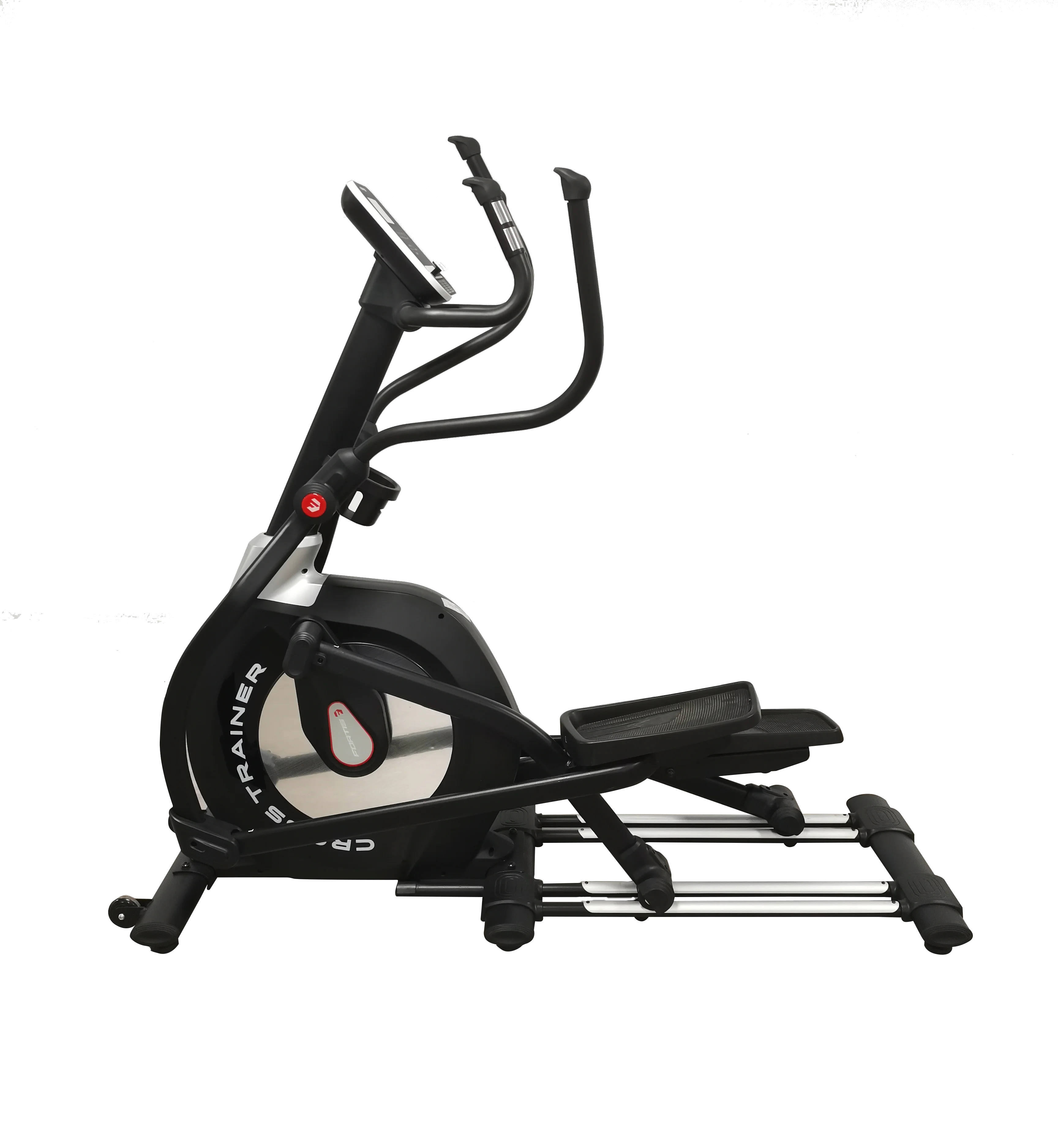 Factory-direct sales of professional fitness equipment, including an elliptical machine with an electronic display.