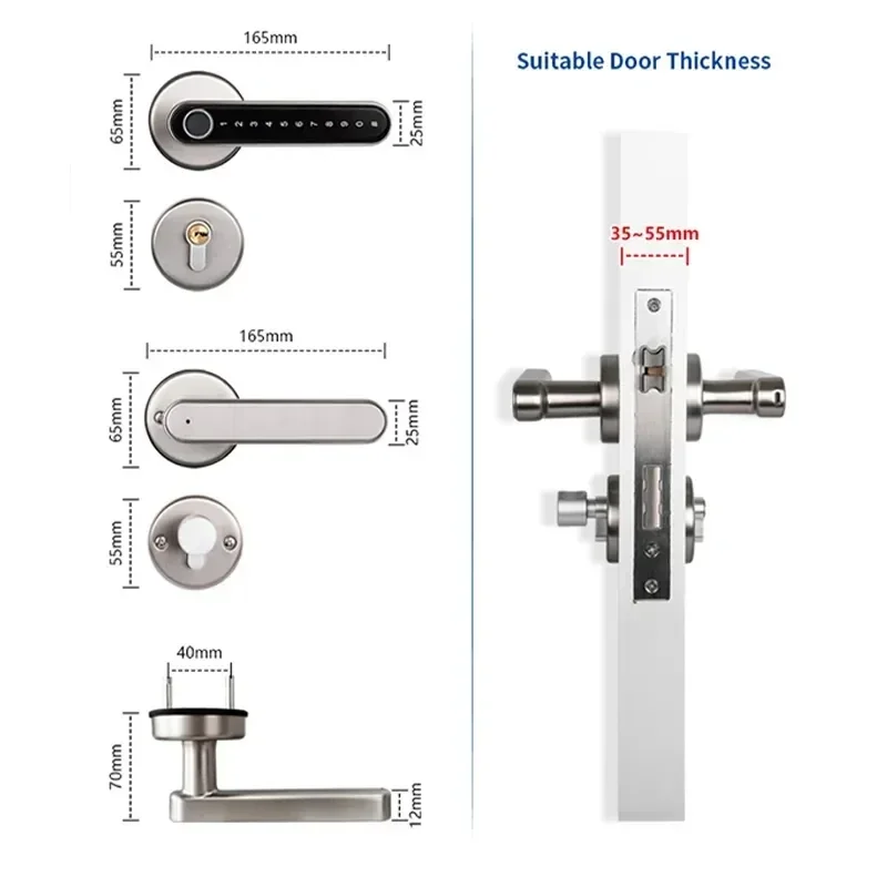 Умный дверной замок с двойной блокировкой, ручка из цинкового сплава с поддержкой Tuya BLE IC Card, со сканером отпечатков пальцев, без ключа, серебристый