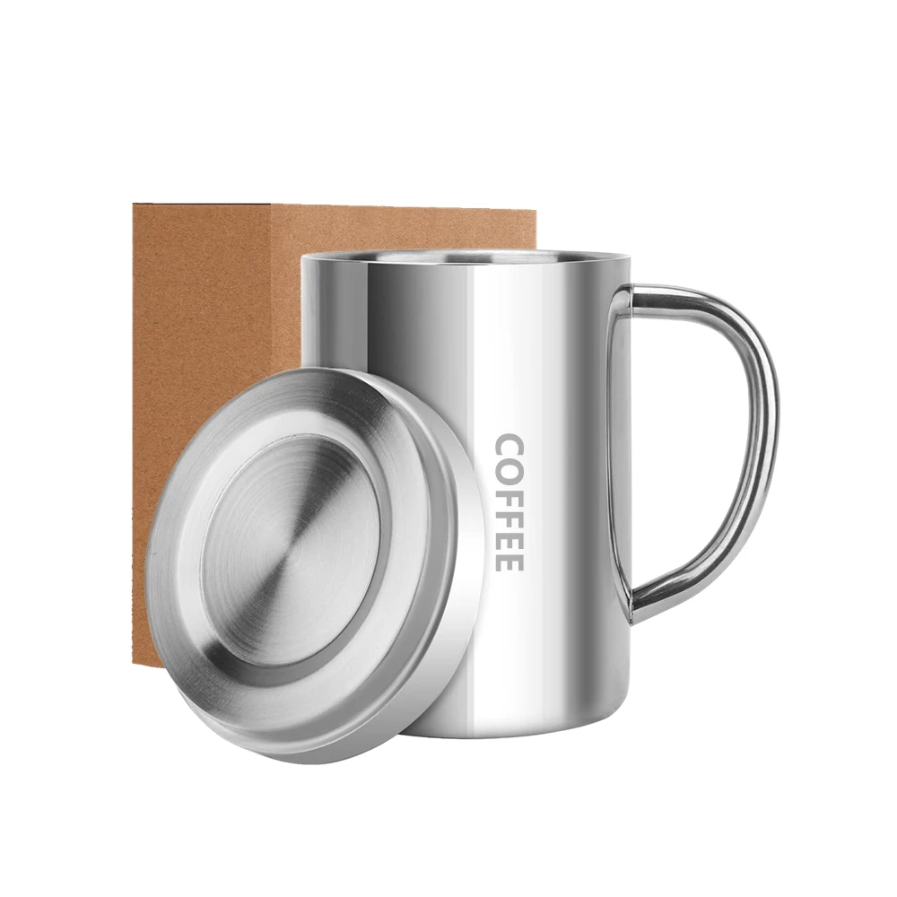 1 Piece Coffee Mug Stainless Steel Double-Walled Metal Mugs 400ml 300ml 200ml Tea Cup with Lid and Handle for Home Travel Mug
