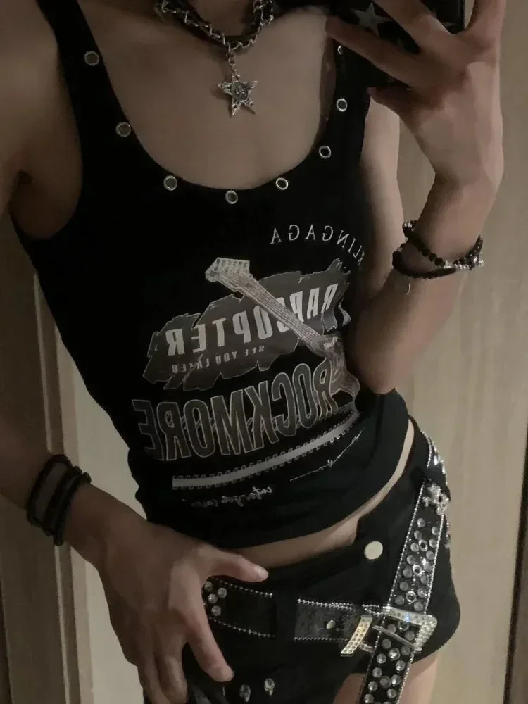 Vintage Punk Rock Camisole for Women Gyaru Y2k Streetwear Summer Sexy Black Tank Tops Hip Hop Style Gothic Cropped Tops