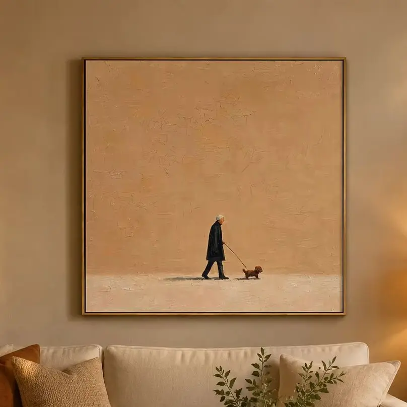 The Afternoon Stroll – Warm Peach Folk Man & Dog Portrait Painting | Minimalist Square Entryway Art for Bedroom, Living Room