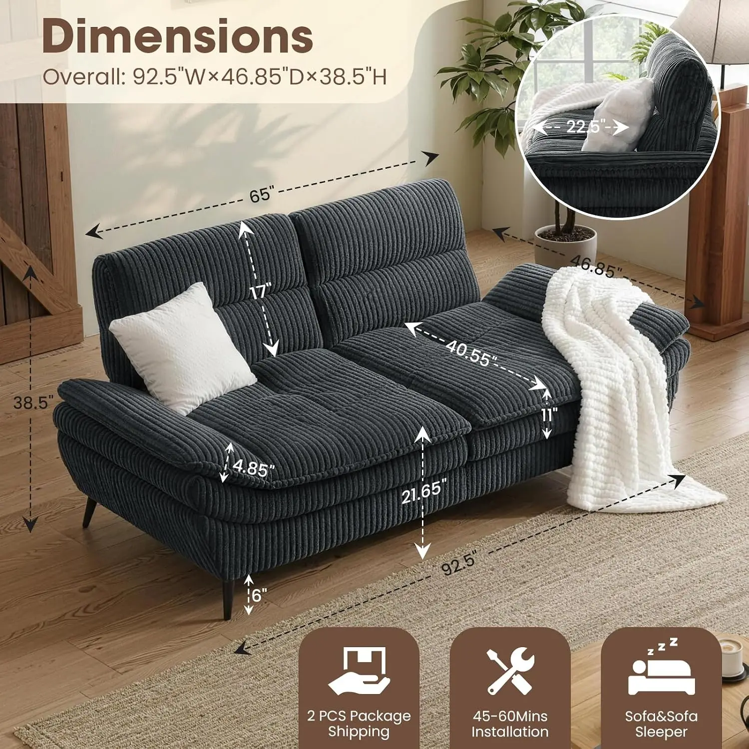 Corduroy Sleeper Sofa, Deep Seat 11