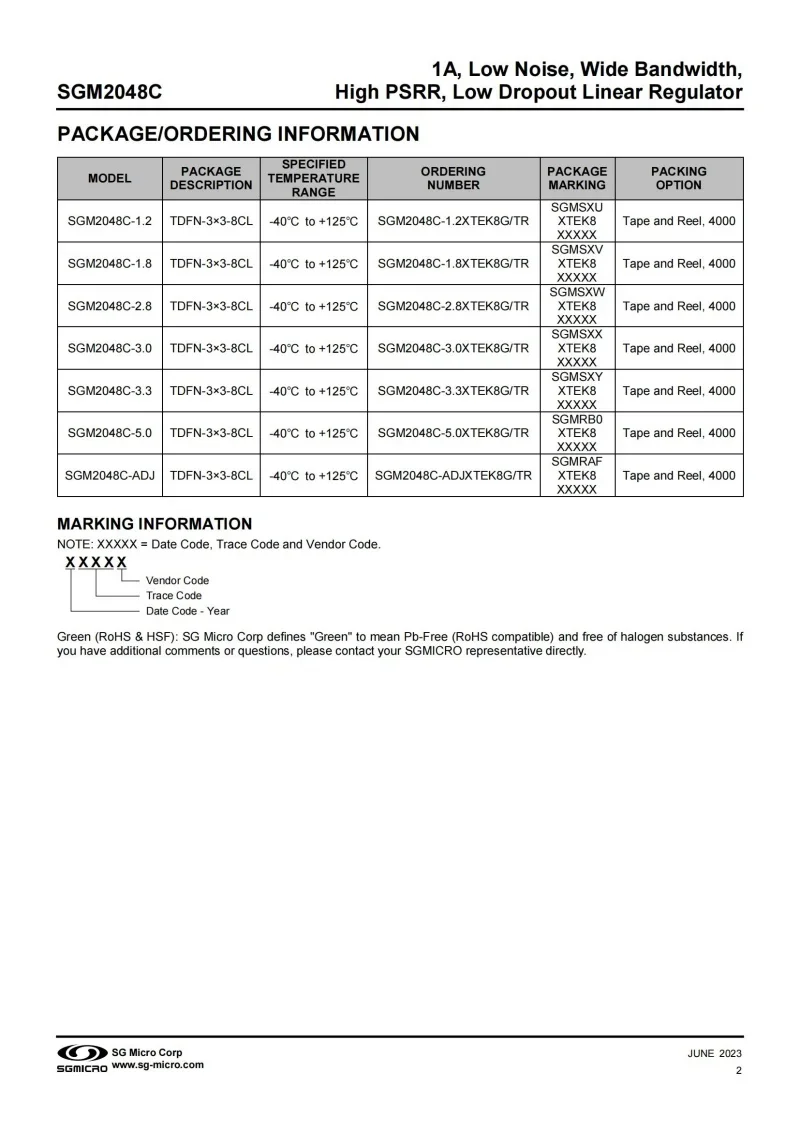 10Pcs SGM2048C-3.3XTEK8G/TR TDFN-8,Fixed output voltage 3.3V,1A,Low Noise,Wide Bandwidth,High PSRR,Low Dropout Linear Regulator