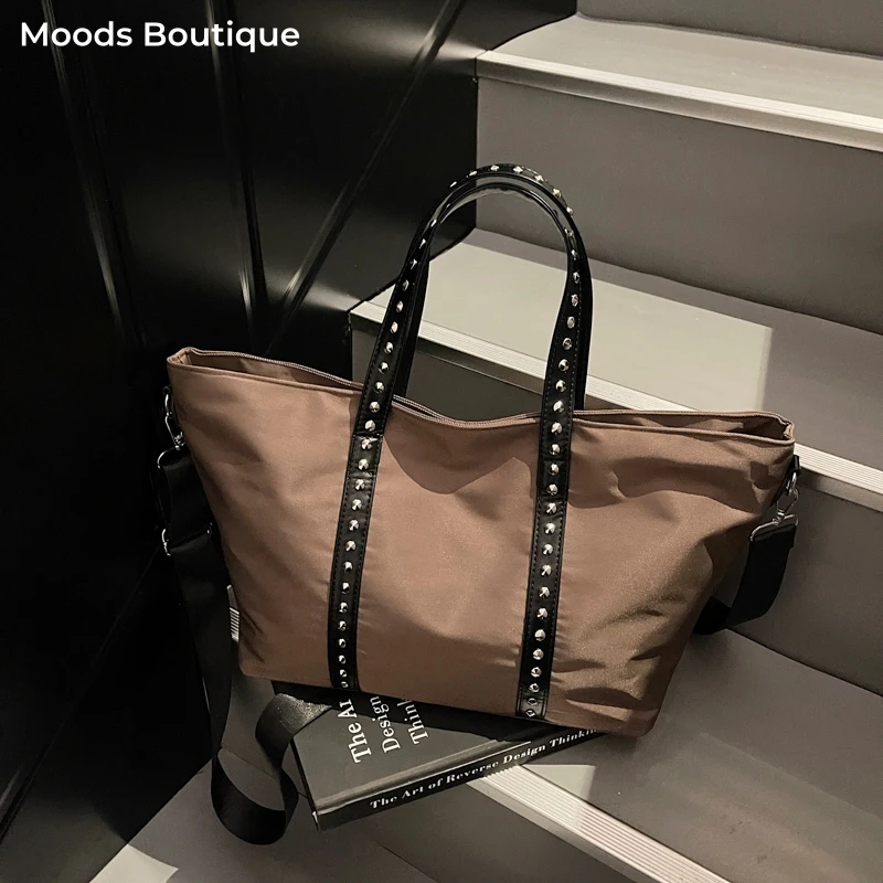 

Fashion Big Shopper Tote Bags For Women Cotton Fabric Rivets Decor Large Capacity Shoulder Cross Body Bag 2026 Latest Handbags
