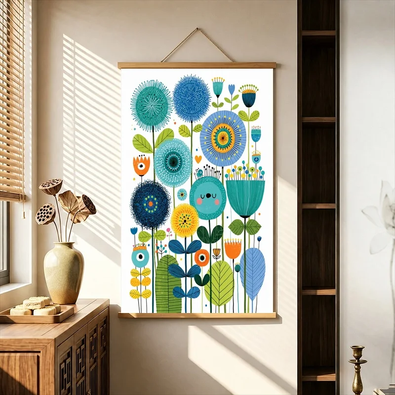 Wall Decorations Blue and Green Folk Art Flowers, Cheerful Botanical Pearlescent Canvas Wall Hanging Scroll for Craft Workshop