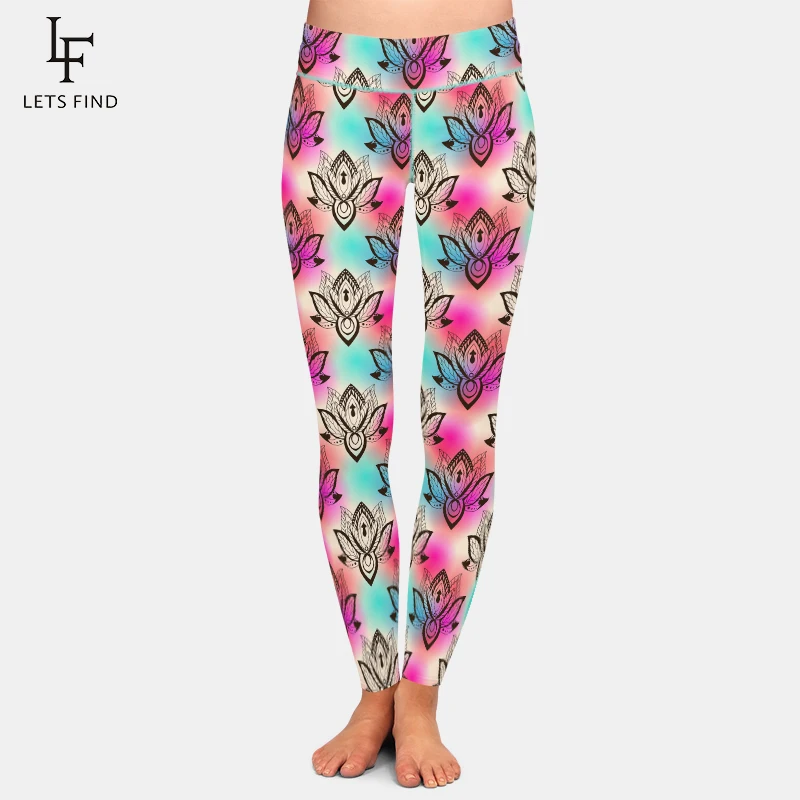 

LETSFIND Fashion Hand Drawn Lotus Digital Print Women High Waist Leggings High Quaility Women Elastic Fitness Leggings