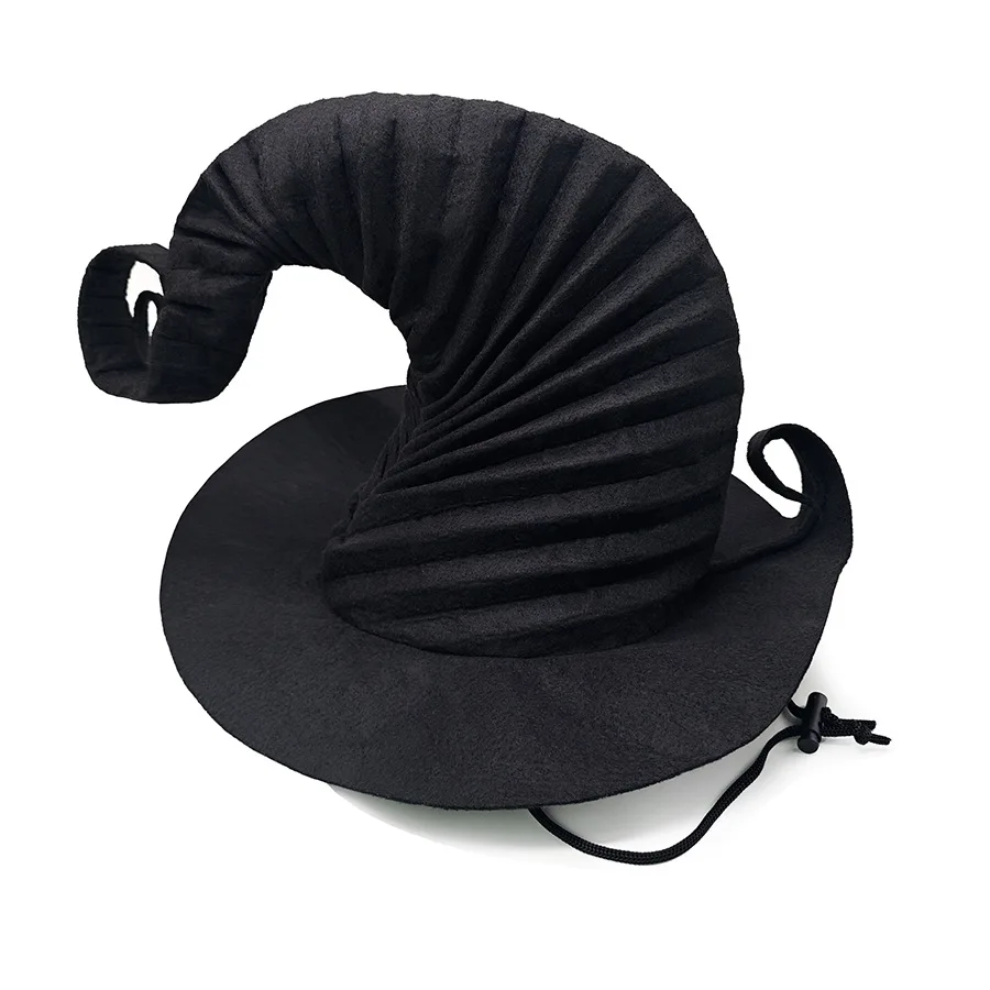 Halloween Witch Hat for Women Pleated Black Witch Costume Hat with Windproof Chin Strap Cosplay Party Stage Costume Accessory