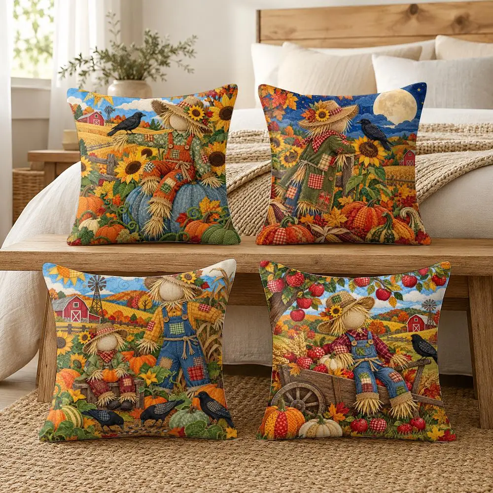 Fall Scarecrow Autumn Harvest Cushion Cover Soft Short Plush Pillow Cases Hidden Zipper Cutecore Sofa Bedroom Home Decor Gift