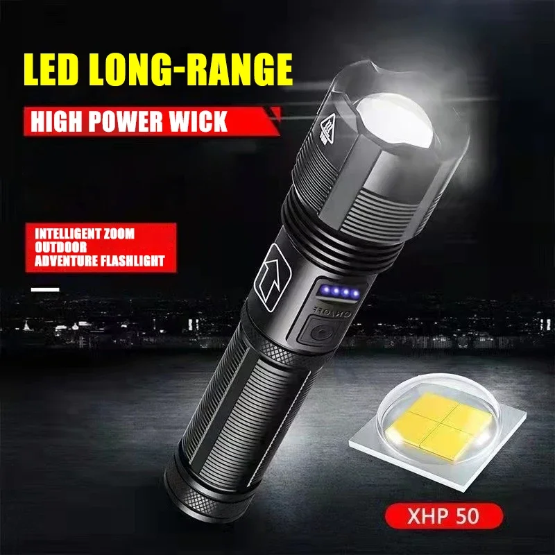 XHP50 Flashlight Zoom Power Display Flashlight Charging Strong Light Tactical Flashlight Outdoor Camping Mountaineering Lantern