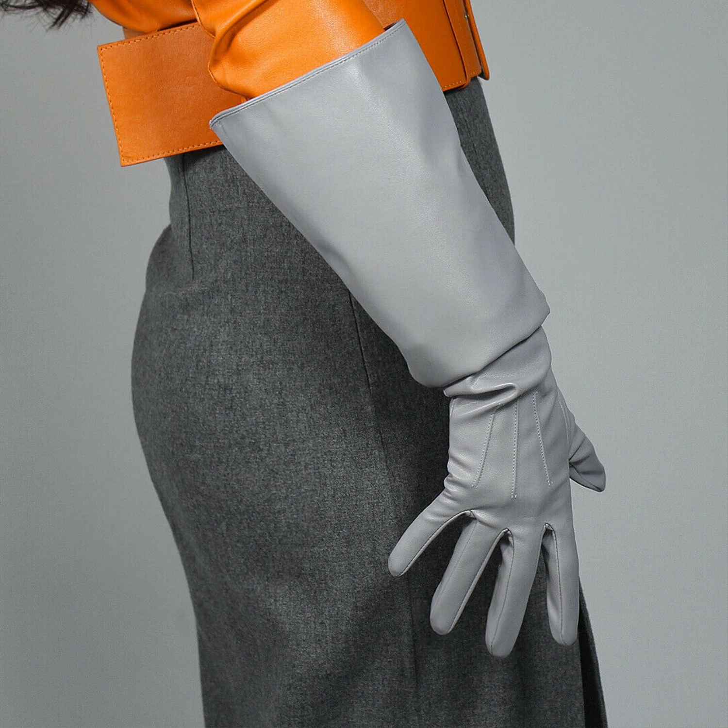 DooWay للجنسين رمادي جلد قفازات كبيرة الحجم الكوع طويلة نفخة الأكمام فو الجلود تأثيري خلع الملابس فنجر أوبرا نادي قفازات الحفلات #3