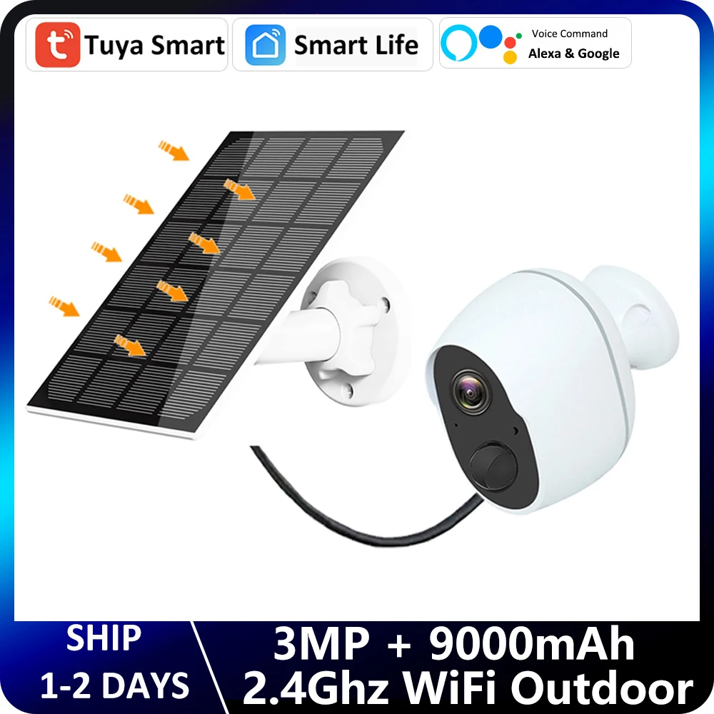 

9000mAh Battery Solar 3MP Tuya Smart Outdoor Wireless Security Surveillance CCTV PIR Buzzer Alarm WIFI Camera Alexa Google