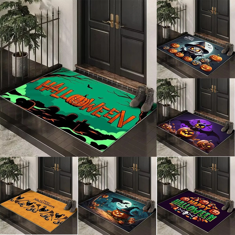 Halloween Themed Door Mat With Spooky Patterns Like Pumpkins Bats Black Cats Witches Non Slip Durable Entrance Rug