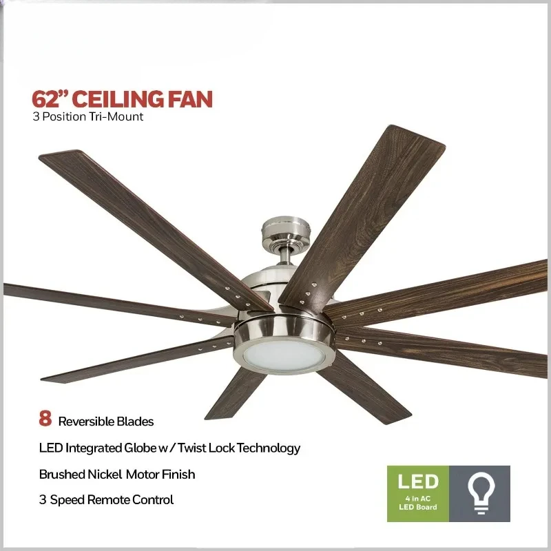 Ceiling Fans 62 Inch Contemporary LED Ceiling Fan with Light and Remote Control, 8 Blades with Dual Finish