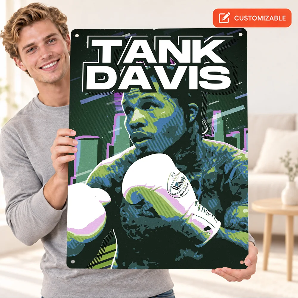 Tank Davis Boxing Printed Poster Personalized Aluminum Metal Sign Retro Neon Illustration Wall Art For Bedroom Sports Fan Gift