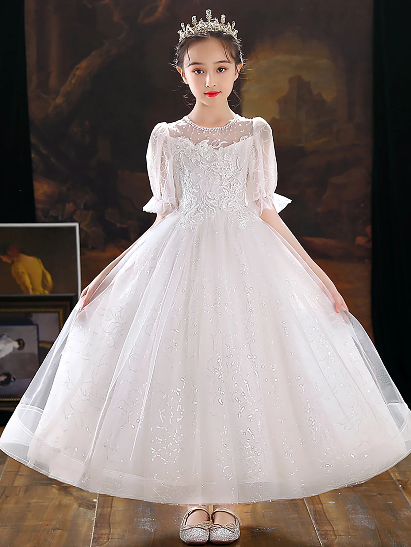 White Princess Girl Wedding Proms Kids Frock Design Children Sweety Cute Fashion Flower Clothes