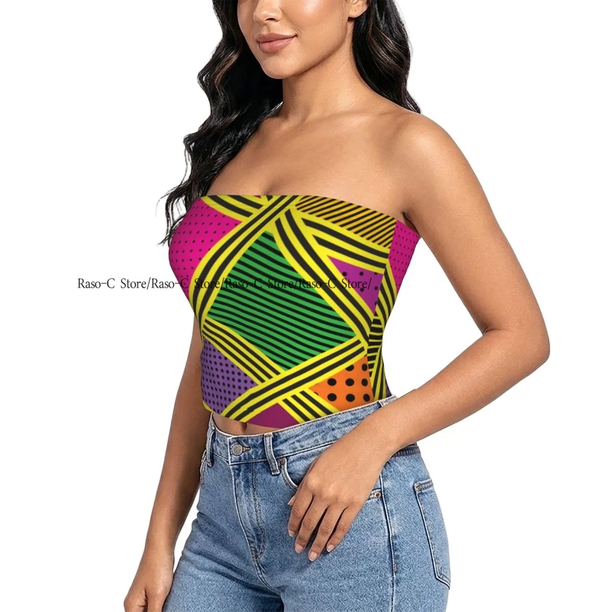 Women Block Crop Slim Tube Top Striped And Dotted Background Strapless Top For Summer Female Clothing