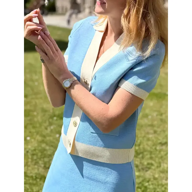 

Summer Casual Fashion Knitted V-Neck Short-Sleeved Top with Pocket And Slim Skirt Set Thread Stitching Suit for Vacation