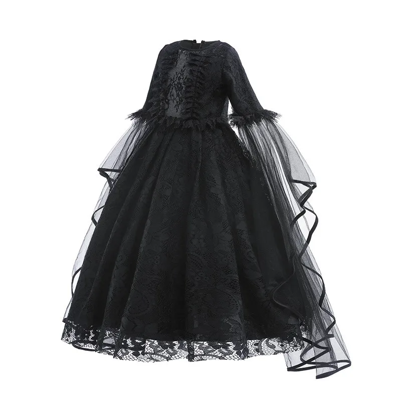 Halloween Girls Deluxe Evil Witch Disney Maleficent Cosplay Party Costume Black Lace Dress Kid Role Playing Carnival 2-10Yrs