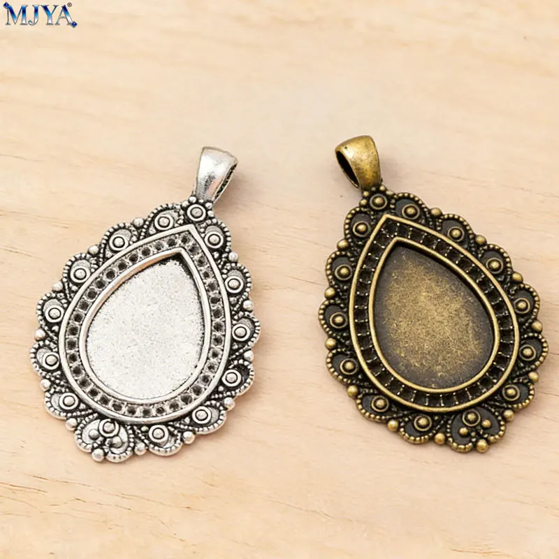 MJYA 5pcs Waterdrop Cabochon Base Inner Size 18x25mm Vintage Flower Bezels Pendant Settings For DIY Jewelry Making Accessories