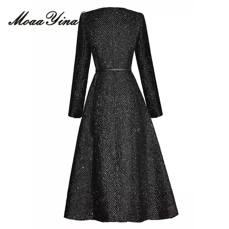 Autumn Winter Women's Coat V-Neck Long Sleeved Single-breasted Lace-Up Fashion Runway Black Overcoat High Quality