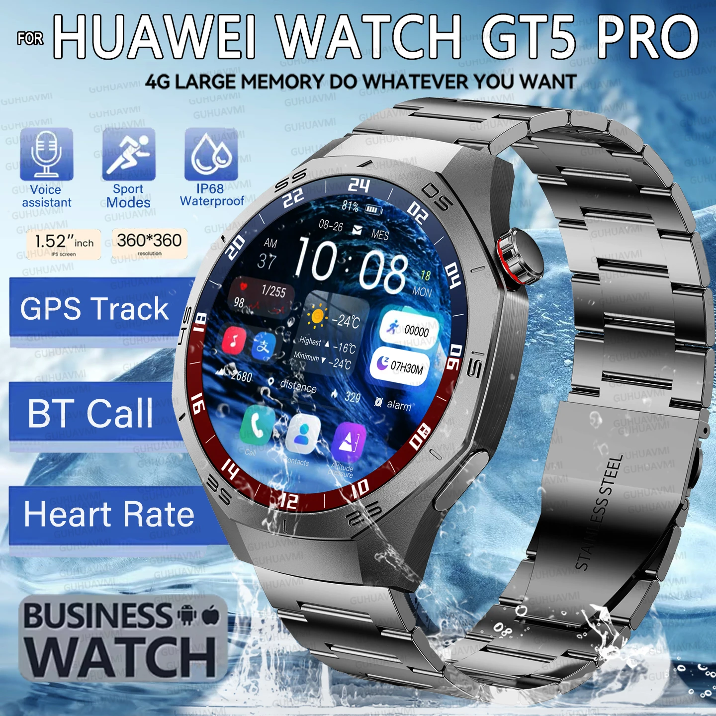 

Новинка 2025 года для huawei GT5 Pro, умные часы для мужчин, HD AMOLED-экран, GPS, траектория движения, сердечный ритм, BT-вызов, 1,52-дюймовые умные часы IP68