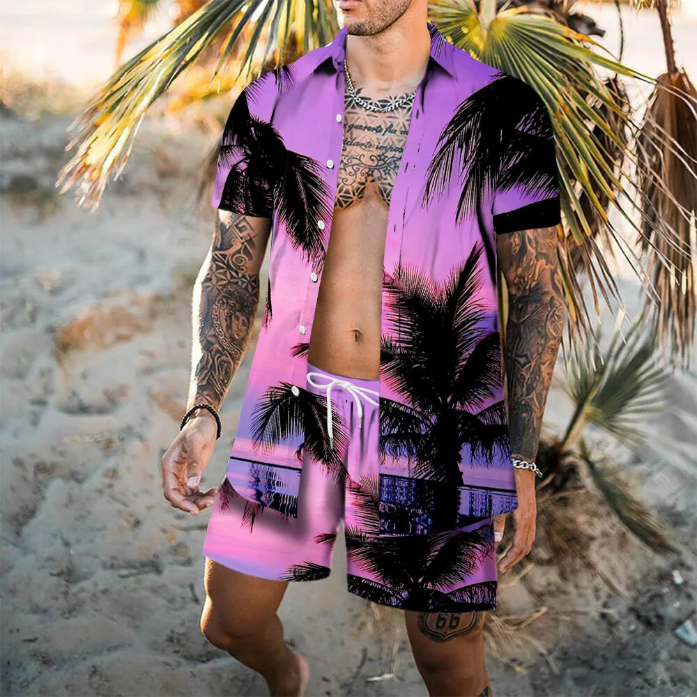 Camisetas hawaianas + Pantalones cortos para hombre, trajes de 2 piezas, estampado de flamenco 3D, conjuntos de camisas de playa para vacaciones,