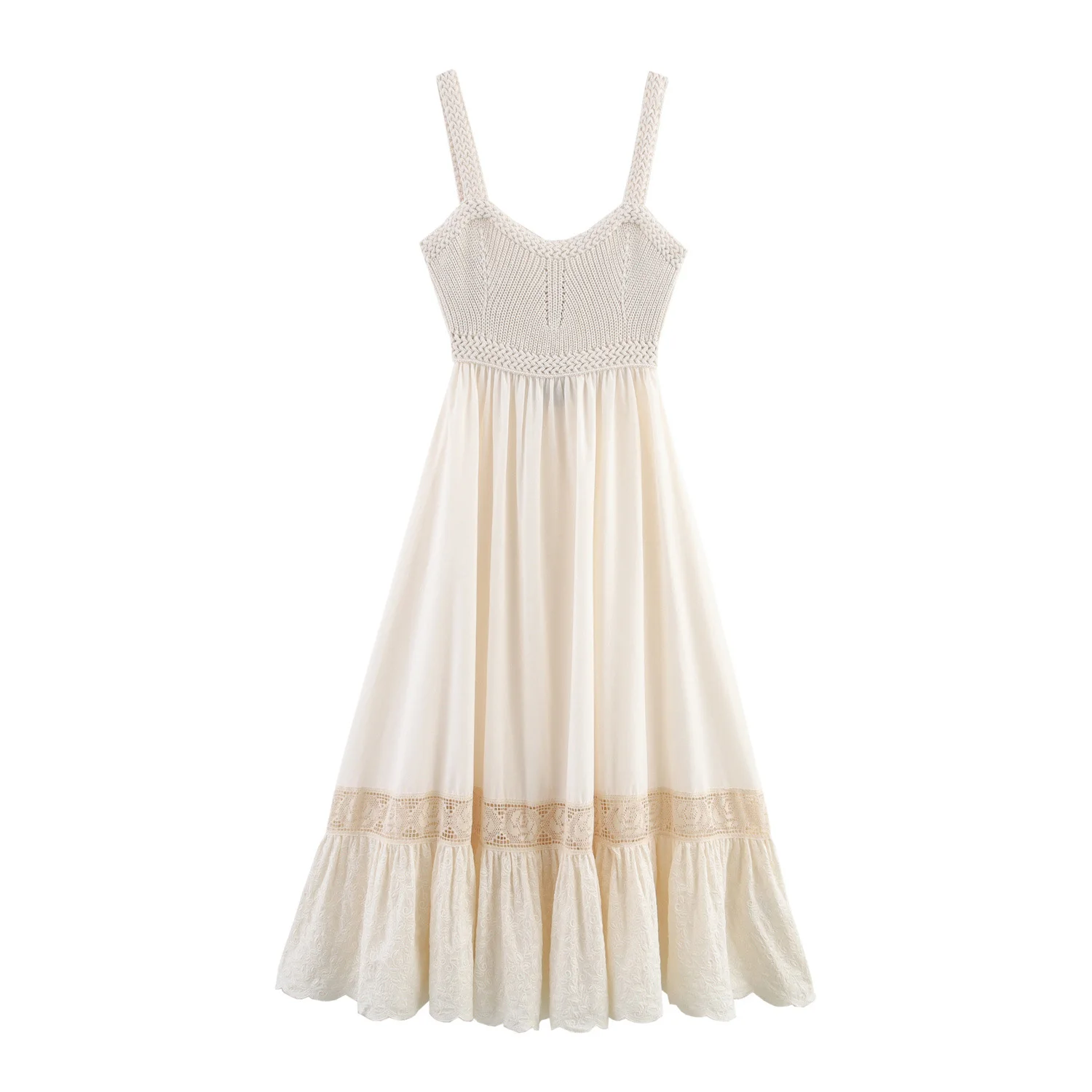 Damska francuska dzianinowa spódnica łączonej z beżową sukienką bez pleców z długim haftowanym paskiem z kokardą na lato 2025