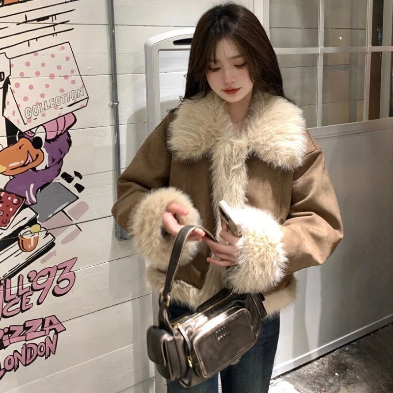 

Y2k Американская винтажная короткая куртка из искусственного меха с длинным рукавом и отложным воротником, женское повседневное однотонное пальто, уличная одежда, осень 2023 г.