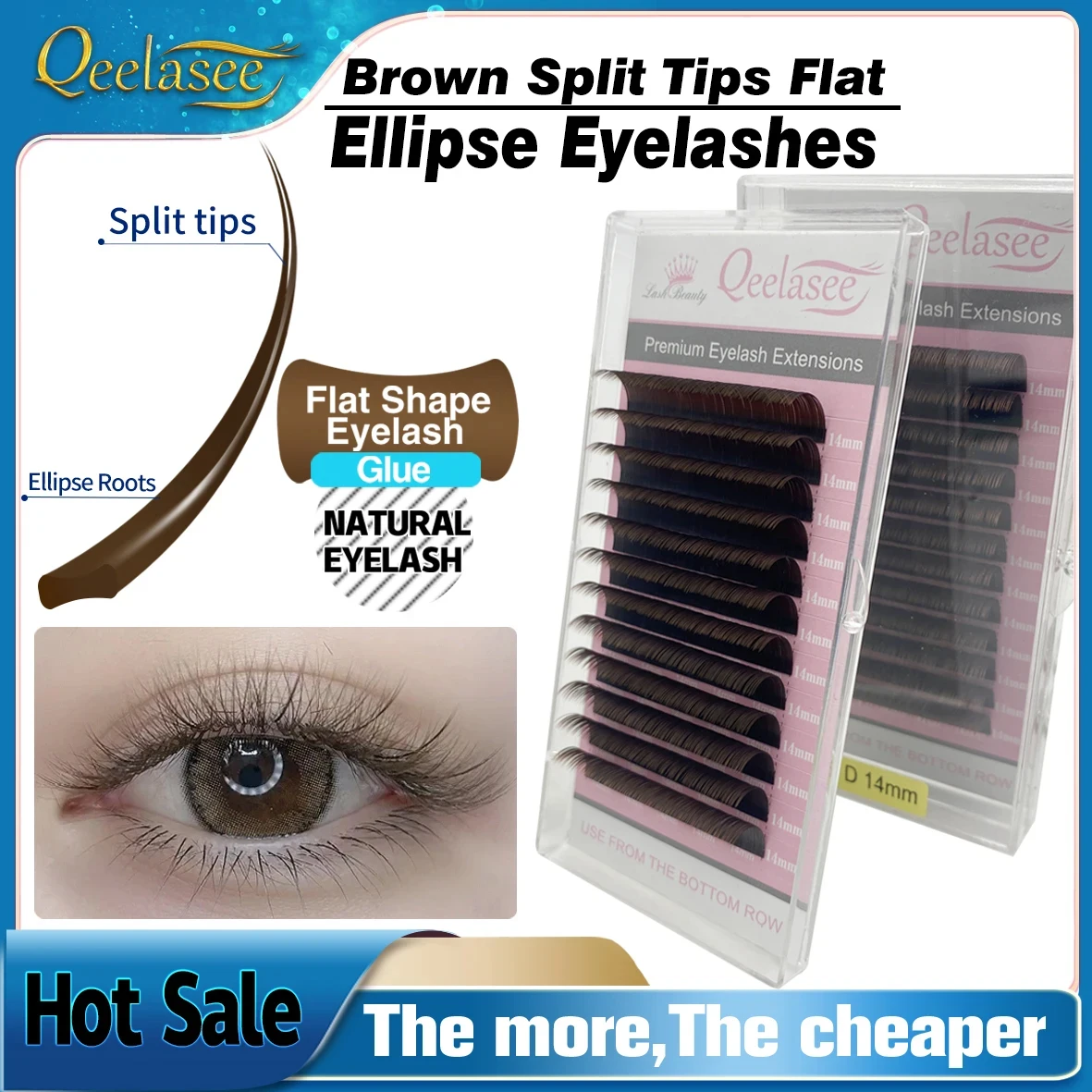 Qeelasee New Arrival Brown Matte Flat Eyelash Extension Wholesale Mink False Ellipse Lashes Split Tips Supplies Lash Extensions