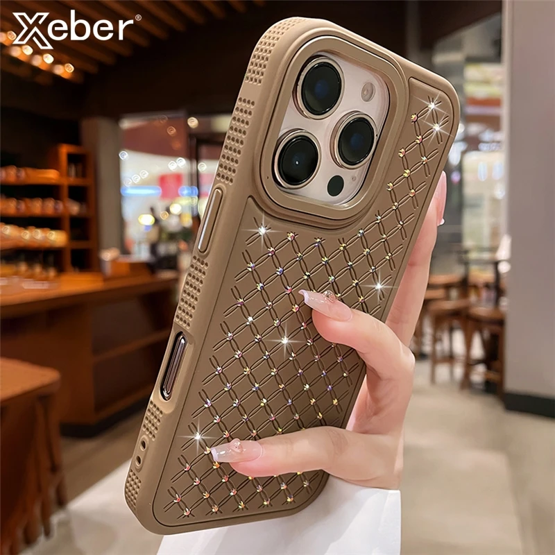 Luxuriöse Bling-Hülle mit funkelnden Diamanten und Strasssteinen für iPhone 12, 13, 14, 15, 16, 17, Pro Max, Gitterstruktur, weiche Silikon-Stoßstangenabdeckung
