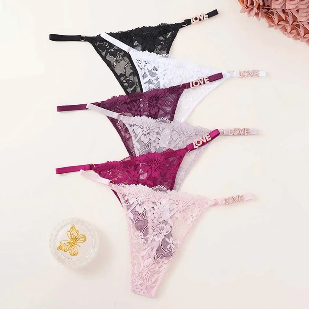 

Fashion Rhinestone Letter Lace Panties Low Waist Underpants Women's Mesh Briefs Sexy Intimates Thin Belt Thong Beach