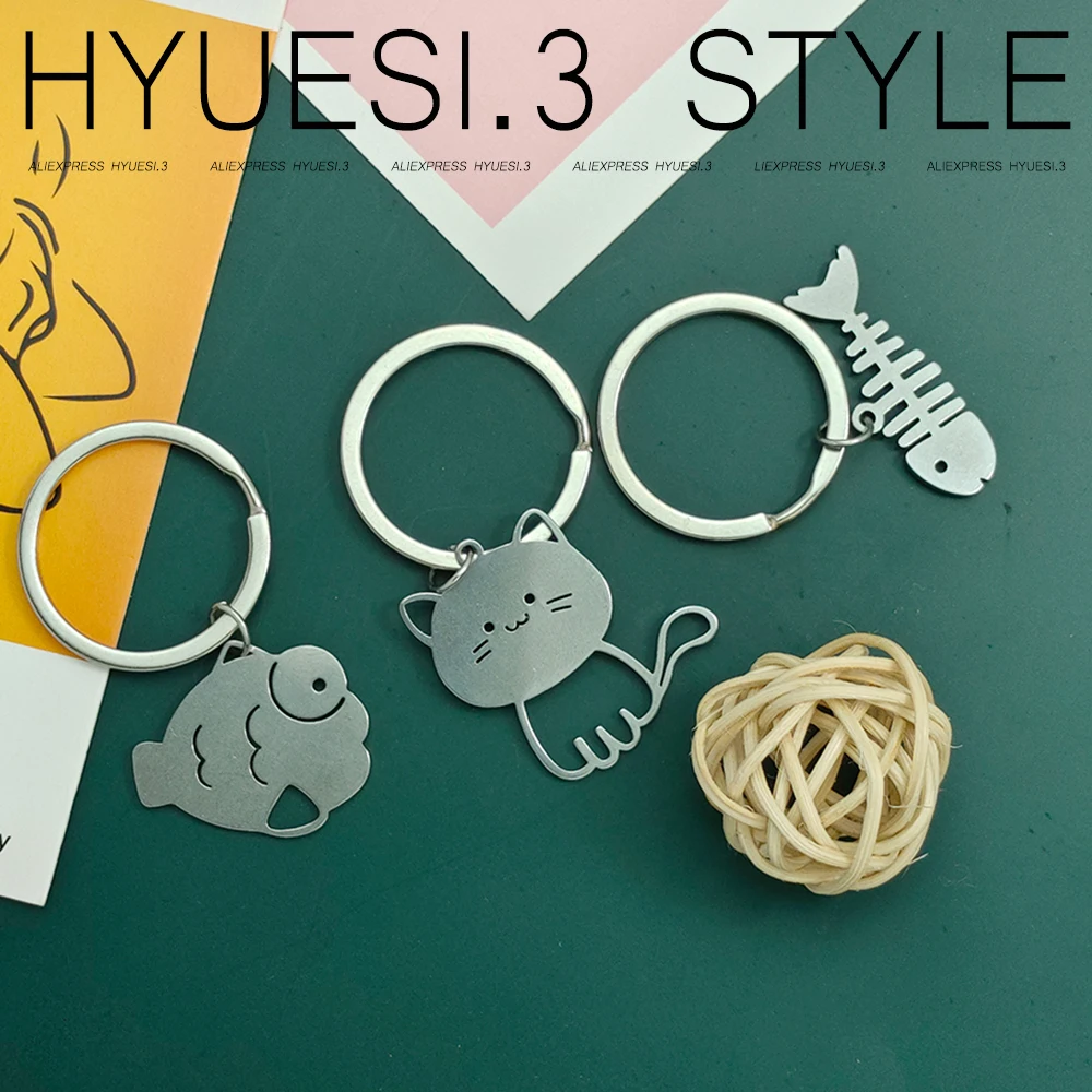 Cartoon Cat Fish Bone Shaped Keychain Couple Stainless Steel Animal Kitty Key Rings For DIY Backpack Accessories Decoration