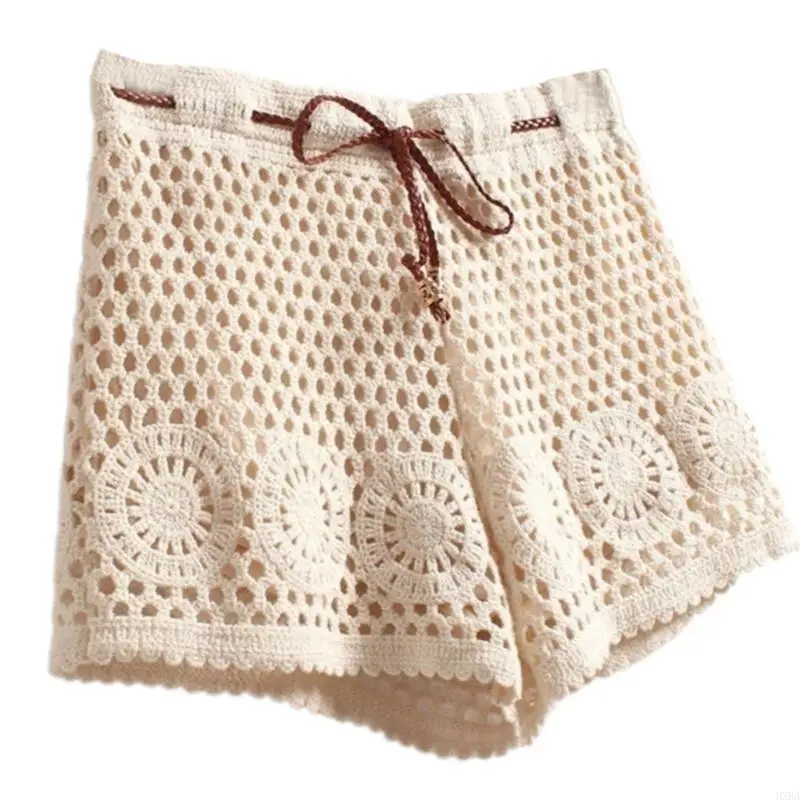 

HXBA Cotton Lace Shorts with Drawstring Waistband Hollowed Crochet Knit Wide Leg Beach Coverup Bottom Shorts for Women