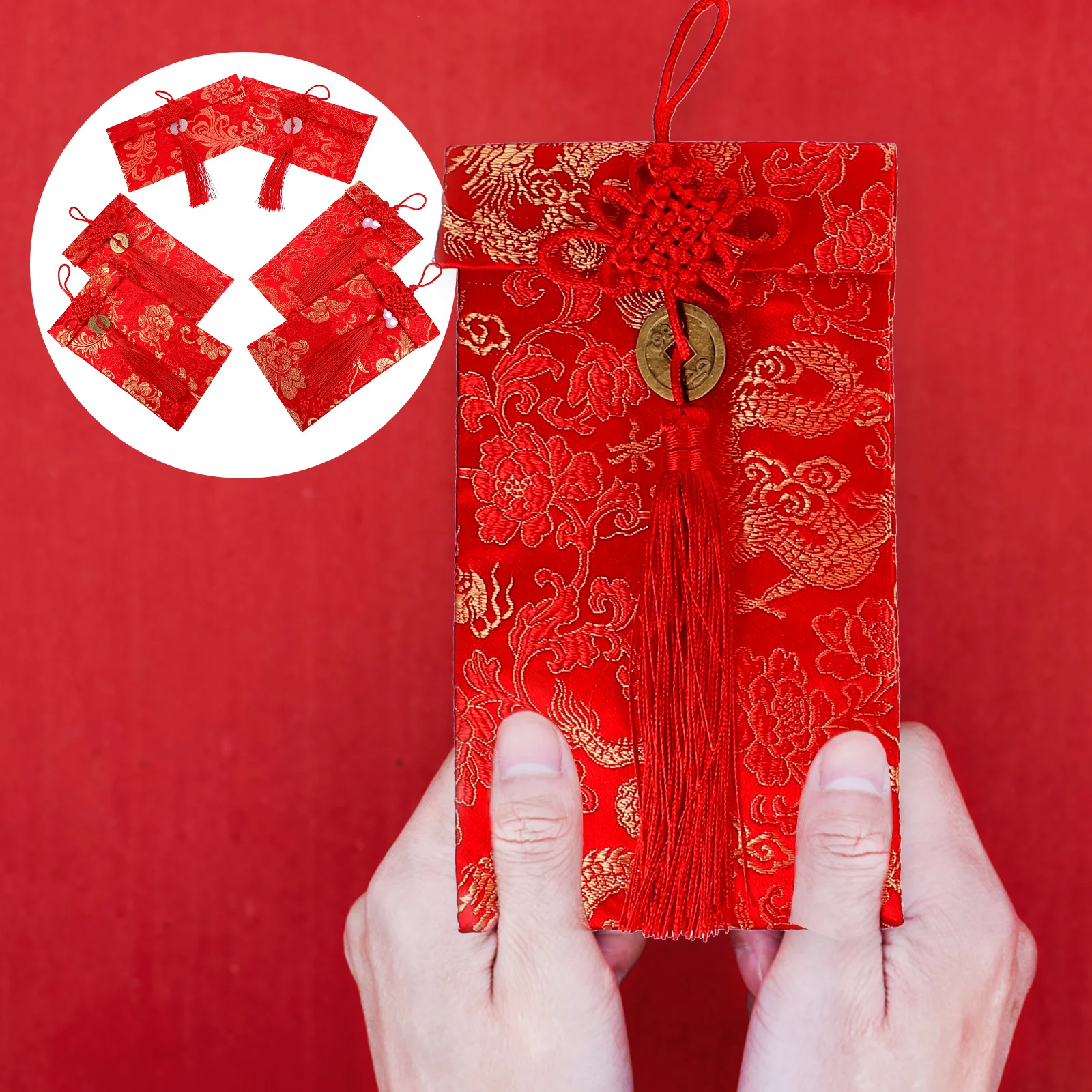 

6pcs Chinese Knot Red Envelopes Wedding New Year Cloth Money Pockets Traditional Style Gift Bags Bridal Party Favors