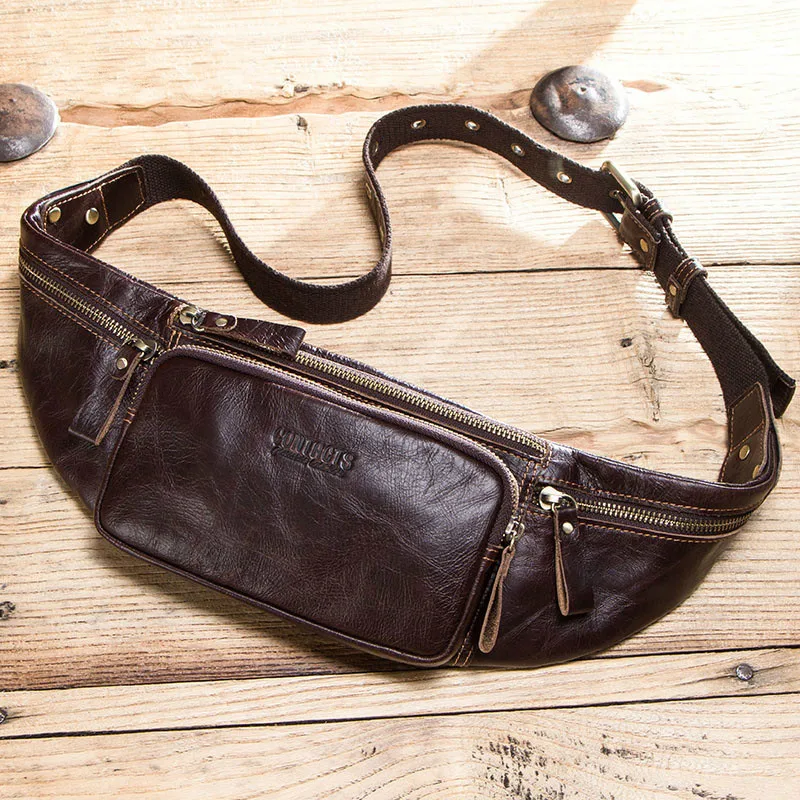 2024 Real Cow Leather Men Waist Bag New Casual Small Fanny Pack Male Waist Pack For Cell Phone And Credit Cards Travel Chest Bag